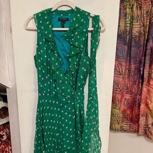 Ralph Lauren Green Polka Dot Size 12 100% Silk Dress